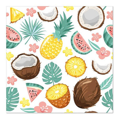 Um padrão contínuo de abacaxis, cocos, fatias de melancia, folhas e flores tropicais sobre branco - ideal para PAPSTAR 20 guardanapos, 33 cm x 33 cm 3-camadas 1/4-dobra design conjunto 5 da PAPSTAR GmbH.