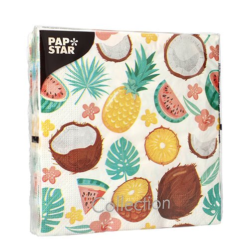PAPSTAR GmbH 20 guardanapos, 33x33 cm, 3-camadas, design conjunto 5: Motivos tropicais coloridos com abacaxis, cocos, melancia, flores e folhas verdes sobre fundo branco.