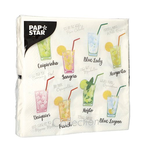 O conjunto de design de 20 guardanapos (33x33 cm, 3 camadas, 1/4 de dobra) da PAPSTAR GmbH apresenta ilustrações coloridas de coquetéis, rotuladas com nomes como Caipirinha, Mojito, Margarita e mais.
