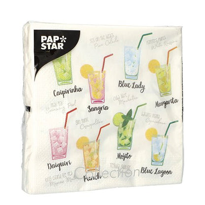 O conjunto de design de 20 guardanapos (33x33 cm, 3 camadas, 1/4 de dobra) da PAPSTAR GmbH apresenta ilustrações coloridas de coquetéis, rotuladas com nomes como Caipirinha, Mojito, Margarita e mais.