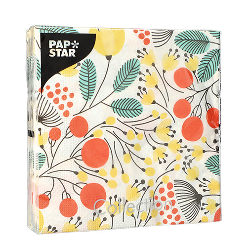 PAPSTAR GmbH 20 Servietten, 33x33 cm, 3-lagig, 1/4-Falz, Design Set 1: botanisches Beeren- und Blattmuster mit "PAPSTAR"-Logo auf schwarzem Etikett in der linken oberen Ecke.