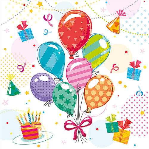 Bunte Luftballons, Geschenke, eine Geburtstagstorte, Partyhüte, Konfetti und festliche PAPSTAR 20 Servietten (33 cm x 33 cm, 3-lagig, Design Set 4) von PAPSTAR GmbH auf einem leuchtenden Hintergrund.