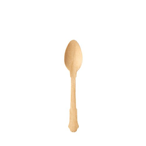 Uma única colher de café de madeira "pure" 12 cm da PAPSTAR GmbH em design vintage de uma embalagem de 6 unidades está centralizada sobre um fundo branco simples.