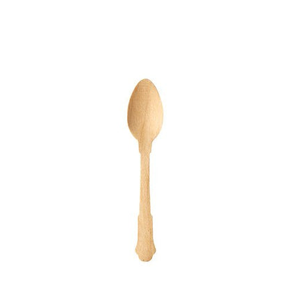 Uma única colher de café de madeira "pure" 12 cm da PAPSTAR GmbH em design vintage de uma embalagem de 6 unidades está centralizada sobre um fundo branco simples.