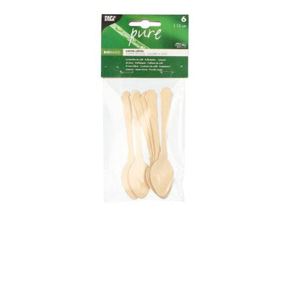 Em um saco plástico transparente, encontram-se seis colheres de café de madeira "pure" 12 cm em design vintage da PAPSTAR GmbH, com etiqueta verde - biobaseado e ideal para momentos de café ecológicos.