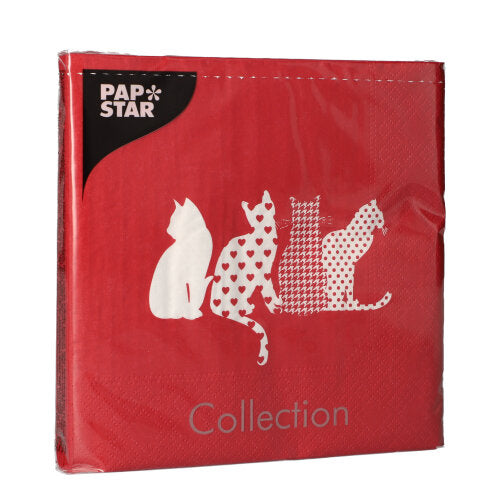 Os PAPSTAR 20 guardanapos (33x33 cm, 3 camadas, vermelho) da PAPSTAR GmbH apresentam quatro silhuetas de gatos brancos em diferentes designs, adicionando um toque lúdico à mesa posta.