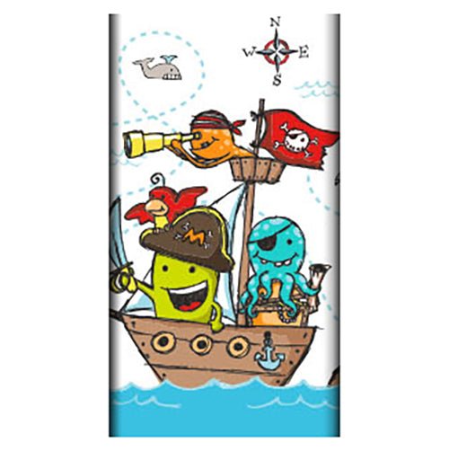 Navio pirata de desenho animado com criaturas marinhas alegres, incluindo uma figura amarela, um pássaro vermelho e um polvo azul. Com baleia e bússola – ideal como PAPSTAR toalha de mesa, papel (120 x 180 cm) da PAPSTAR GmbH para decoração de mesa elegante.