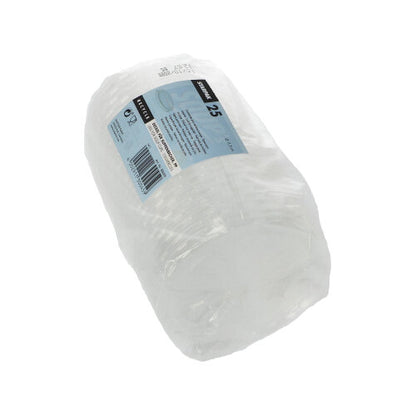 Um pacote envolto em filme plástico transparente com 25 tampas Starpak "To Go" de PP transparente (Ø 11,5 cm) com um rótulo azul e branco contendo informações do produto.