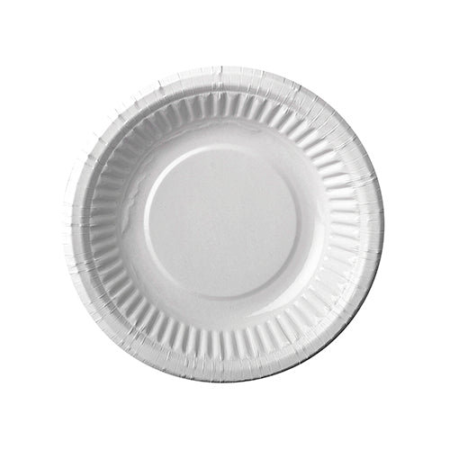 Uma tigela redonda e branca PAPSTAR (19 cm Ø, 3 cm de altura) da PAPSTAR GmbH, vista de cima sobre um fundo branco - ideal para festas ou piqueniques. A embalagem contém 12 tigelas ecológicas em filme retrátil.