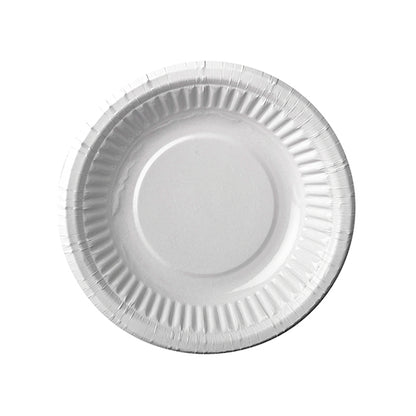 Uma tigela redonda e branca PAPSTAR (19 cm Ø, 3 cm de altura) da PAPSTAR GmbH, vista de cima sobre um fundo branco - ideal para festas ou piqueniques. A embalagem contém 12 tigelas ecológicas em filme retrátil.