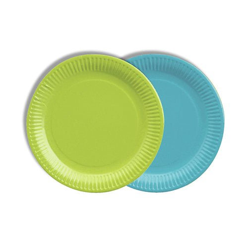 Dois pratos de papelão PAPSTAR 12, redondos, Ø 18 cm, coloridos, da PAPSTAR GmbH, sobrepostos – o da frente verde limão, o de trás azul claro, ambos com borda ondulada. Estes pratos ecológicos são ideais para festas conscientes do meio ambiente.