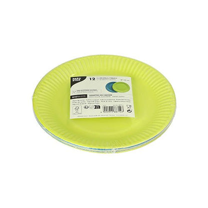 Um conjunto de 12 pratos de papelão PAPSTAR, redondos, Ø 18 cm, coloridos, da PAPSTAR GmbH – em embalagem plástica com rótulo (código de barras, ícones, texto), biodegradáveis para uso sustentável.