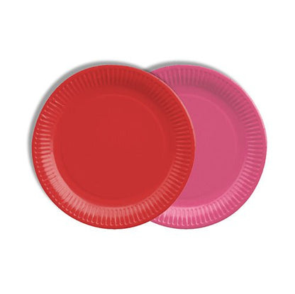 Na imagem, dois pratos de papelão de 12 peças PAPSTAR, redondos, Ø 18 cm, coloridos, da PAPSTAR GmbH: um vermelho sólido, outro rosa. Ambos os pratos ecológicos com borda ondulada estão sobre um fundo branco simples.
