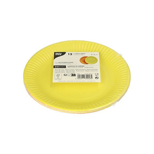 Um pacote com 12 pratos de papelão redondos da PAPSTAR GmbH (Ø 18 cm, coloridos) com rótulo visível e código de barras sobre fundo branco. Ecológicos e biodegradáveis.