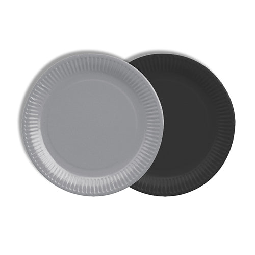 Dois pratos redondos de papelão PAPSTAR 12 (Ø 18 cm, coloridos) da PAPSTAR GmbH com borda ondulada sobrepostos em cinza e preto sobre fundo branco – elegantes e ecológicos ao mesmo tempo.