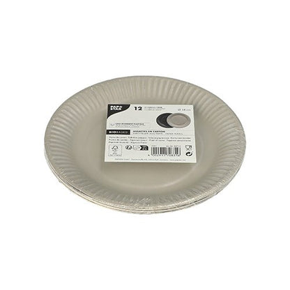 Uma pilha de pratos de papelão PAPSTAR 12, redondos, Ø 18 cm, coloridos, da PAPSTAR GmbH, embalados em plástico, com rótulo branco no topo, mostrando informações do produto e código de barras.