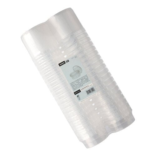A embalagem Starpak 38 de copos delicatessen contém 38 copos PP transparentes e redondos de 180 ml (Ø 9,5 cm, H 4,5 cm) com tampa de originalidade, empilhados e embalados em película retrátil com um rótulo branco central com detalhes do produto - ideal para servir produtos delicatessen.