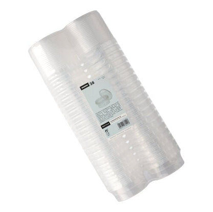 A embalagem Starpak 38 de copos delicatessen contém 38 copos PP transparentes e redondos de 180 ml (Ø 9,5 cm, H 4,5 cm) com tampa de originalidade, empilhados e embalados em película retrátil com um rótulo branco central com detalhes do produto - ideal para servir produtos delicatessen.