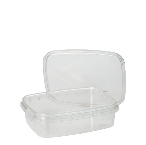 O Starpak 50 Feinkostbecher é um recipiente retangular transparente de PP para alimentos com fecho de originalidade, exibido aberto e vazio sobre um fundo branco simples.