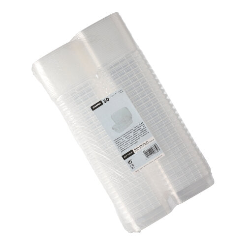 Uma pilha de Starpak 50 Feinkostbecher, PP transparente e retangular com fecho de originalidade, está embalada em plástico e possui uma etiqueta branca com informações do produto, código de barras e fecho de segurança.