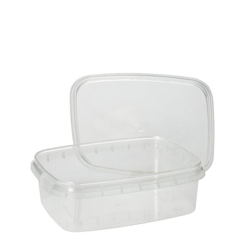 Por trás de sua tampa transparente ligeiramente maior, esconde-se um Starpak 50 Feinkostbecher, um recipiente retangular transparente de PP para alimentos com tampa de fecho de originalidade. Marca: Starpak.