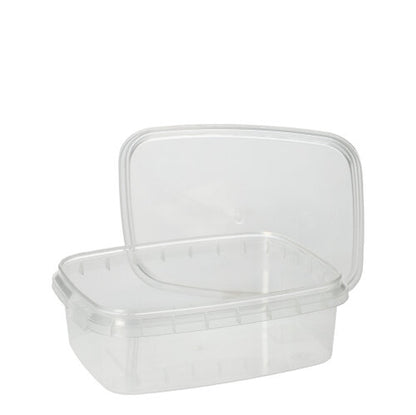 Por trás de sua tampa transparente ligeiramente maior, esconde-se um Starpak 50 Feinkostbecher, um recipiente retangular transparente de PP para alimentos com tampa de fecho de originalidade. Marca: Starpak.