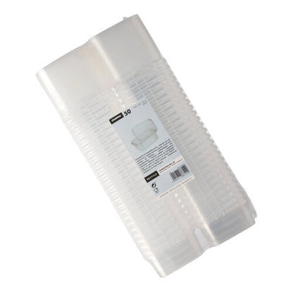 Um pacote selado com 50 copos de delicatessen Starpak, copos retangulares descartáveis transparentes de PP com fecho de originalidade para segurança e uma etiqueta na frente que mostra a marca Starpak e detalhes do produto.