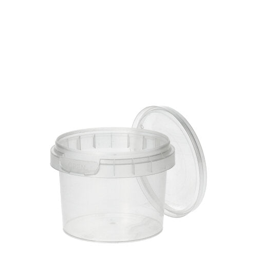 Um recipiente transparente e redondo Starpak 48 Feinkostbecher PP (120 ml, Ø 6,9 cm × 5,1 cm) com tampa e fecho de originalidade está aberto diante de um fundo branco simples.