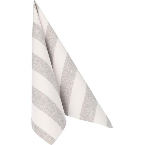 Um guardanapo de tecido listrado cinza e branco pendurado diante de um fundo branco, semelhante aos PAPSTAR GmbH 50 guardanapos "ROYAL Collection" 1/4-dobra 40 x 40 cm cinza.
