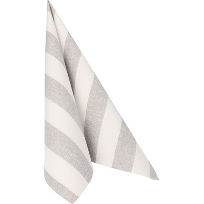 Um guardanapo de tecido listrado cinza e branco pendurado diante de um fundo branco, semelhante aos PAPSTAR GmbH 50 guardanapos "ROYAL Collection" 1/4-dobra 40 x 40 cm cinza.