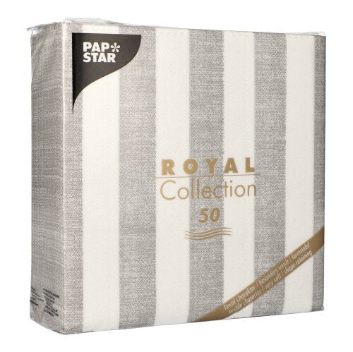 A PAPSTAR GmbH oferece um pacote de 50 guardanapos "ROYAL Collection" (1/4-dobra, 40x40 cm) em cinza. A embalagem apresenta um texto dourado elegante sobre um design de listras verticais em cinza e branco.