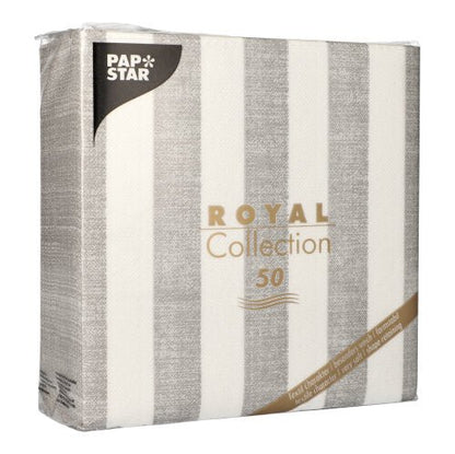 A PAPSTAR GmbH oferece um pacote de 50 guardanapos "ROYAL Collection" (1/4-dobra, 40x40 cm) em cinza. A embalagem apresenta um texto dourado elegante sobre um design de listras verticais em cinza e branco.