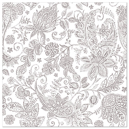 Um padrão denso e delicado de paisley floral cinza com folhas, flores e redemoinhos preenche cada PAPSTAR 50 guardanapo "ROYAL Collection" 1/4-dobra 40 x 40 cm da PAPSTAR GmbH - estilo requintado para ocasiões elegantes.