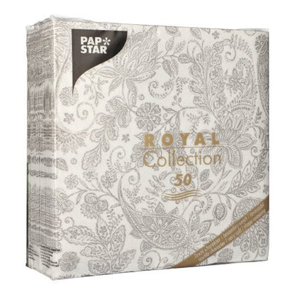 Um pacote de 50 PAPSTAR guardanapos "ROYAL Collection" 40x40 cm, 1/4-dobra em cinza com padrão elegante de flores e paisley, de material de alta qualidade, embalado originalmente pela PAPSTAR GmbH.