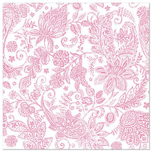 Die ROYAL Collection 50 Servietten (40 x 40 cm, fuchsia) der PAPSTAR GmbH zeigen ein rosafarbenes Blumen- und Paisleymuster mit fuchsiafarbenen Akzenten auf weißem Untergrund - eine elegante und detailreiche Wahl für jeden gedeckten Tisch.