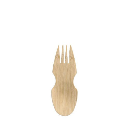 O PAPSTAR Göffel de bambu "pure" (8,5 cm), combina colher e garfo em um, ideal para finger food. Contém 50 peças em caixa dobrável - acessório de festa sustentável da PAPSTAR GmbH.