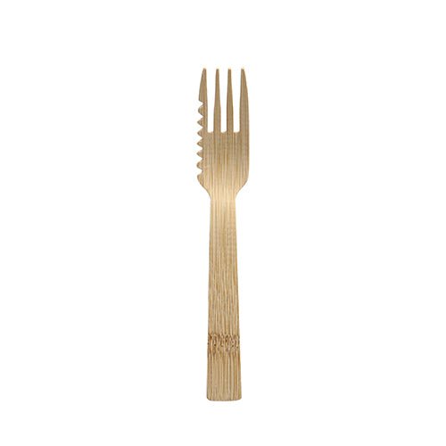 Os garfos de bolo e snack de bambu (14,5 cm, serrilhados, 50 peças) da PAPSTAR GmbH têm três dentes e uma borda serrilhada - um talher descartável ecológico, ilustrado sobre um fundo branco simples.