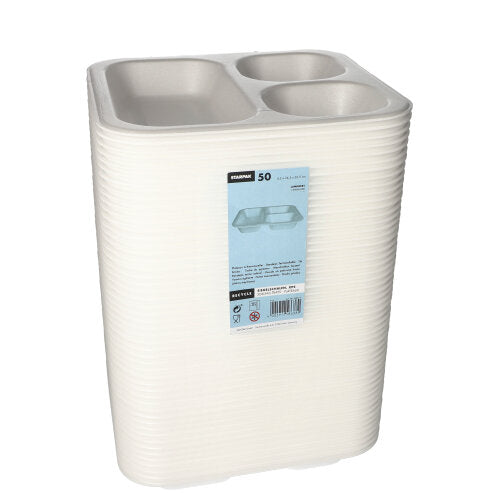 Um conjunto de Starpak 50 Bandejas de Vedação – bandejas XPS brancas laminadas com três compartimentos (4,2 x 24,5 x 26,5 cm), envoltas em filme plástico transparente e etiquetadas com um rótulo azul – ideal para gastronomia e embalagens de alimentos.