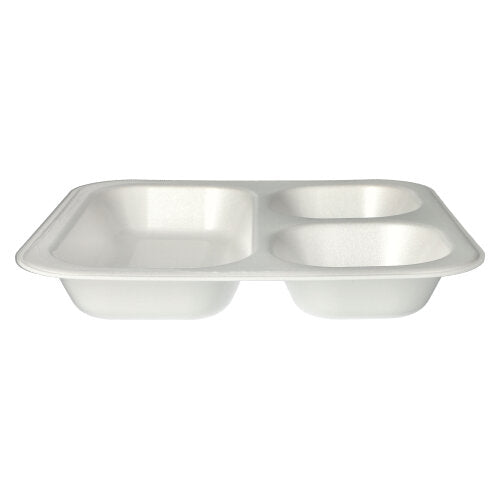 Uma bandeja de alimentos Starpak 50 de Vedação XPS branca retangular (4,2 x 24,5 x 26,5 cm, laminada), com três compartimentos – ideal para gastronomia e embalagens higiênicas.