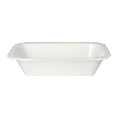 Die Starpak 100 Siegelschalen, XPS weiss laminiert von Starpak sind schlichte, rechteckige weiße Kunststoffschalen mit abgerundeten Ecken und abgewinkelten Seiten, ideal für den Gastronomiebereich, hergestellt aus expandiertem Polystyrol. Abgebildet auf weißem Hintergrund.