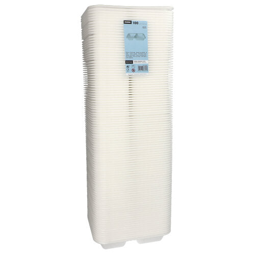 Uma pilha de 100 bandejas XPS-2-compartimentos brancas laminadas da Starpak, chamadas “Starpak 100 Siegelschalen”, é entregue envolvida em filme plástico e com um rótulo azul – perfeito como embalagem de alimentos.