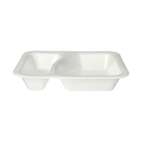 As Starpak 100 Siegelschalen XPS 2-dividido branco laminado são uma bandeja de alimentos descartável branca e retangular com dois compartimentos da Starpak, ilustrada em um fundo branco simples.