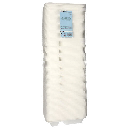 Uma pilha de 100 bandejas de alimentos Starpak feitas de XPS branco laminado com dois compartimentos, bordas elevadas, forma retangular e um rótulo azul na parte superior. Marca: Starpak.