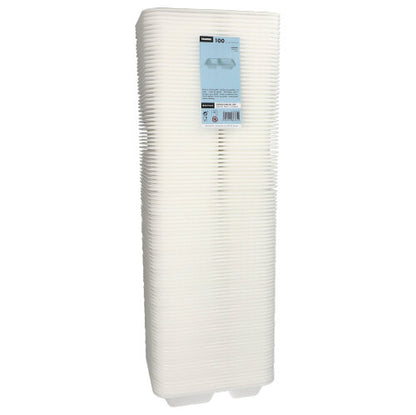 É ilustrada uma alta pilha de recipientes de alimentos de plástico retangulares e brancos da Starpak com a inscrição “Starpak 100 Siegelschalen, XPS 2-dividido branco laminado”.