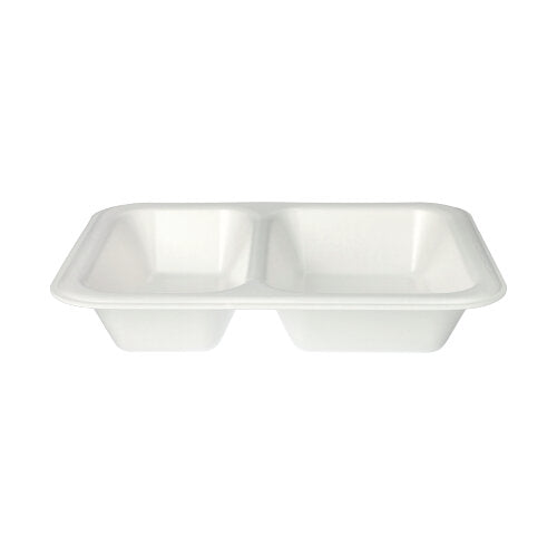 As Starpak 100 Siegelschalen, uma bandeja de alimentos XPS branca e retangular com dois compartimentos e superfície laminada da Starpak, são apresentadas em um fundo branco simples.
