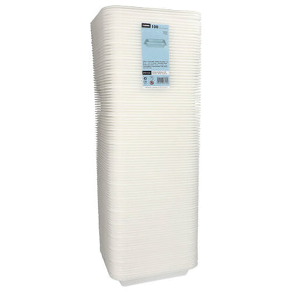 Uma pilha vertical de Starpak 100 Siegelschalen XPS 2-dividido branco laminado, feito de espuma leve, com um rótulo de produto na bandeja superior.