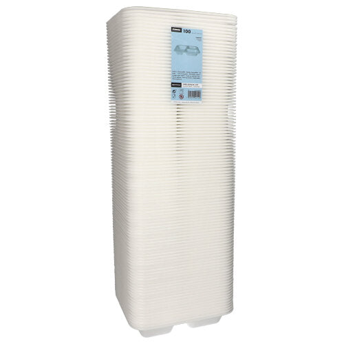 Uma pilha de 100 tigelas de vedação Starpak, XPS 3-divididas, 925 ml ovais, pratos laminados brancos (4,2 x 21,2 x 25 cm), que são usados como embalagens de alimentos e têm um rótulo de produto, é exibida contra um fundo branco simples.