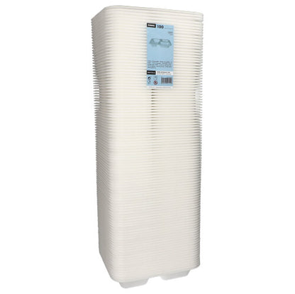 Uma pilha de 100 tigelas de vedação Starpak, XPS 3-divididas, 925 ml ovais, pratos laminados brancos (4,2 x 21,2 x 25 cm), que são usados como embalagens de alimentos e têm um rótulo de produto, é exibida contra um fundo branco simples.