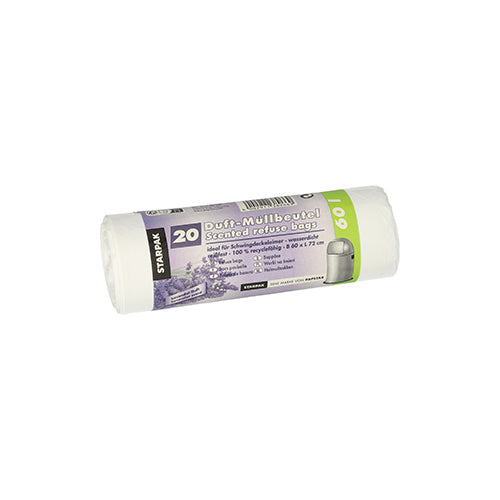 Um rolo com 20 sacos de lixo Starpak LDPE (60 l, 72 x 60 cm) com aroma de lavanda, embalado em uma capa branca com faixa lilás-verde com detalhes do produto e marca Starpak.