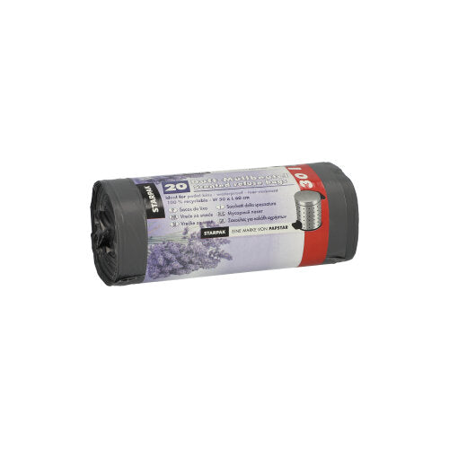 Um rolo de sacos de lixo Starpak 20 de LDPE, cinza com aroma de lavanda (30 l, 60x50 cm), contém 20 sacos perfumados por embalagem. A etiqueta mostra detalhes do produto, bem como uma imagem de lavanda.